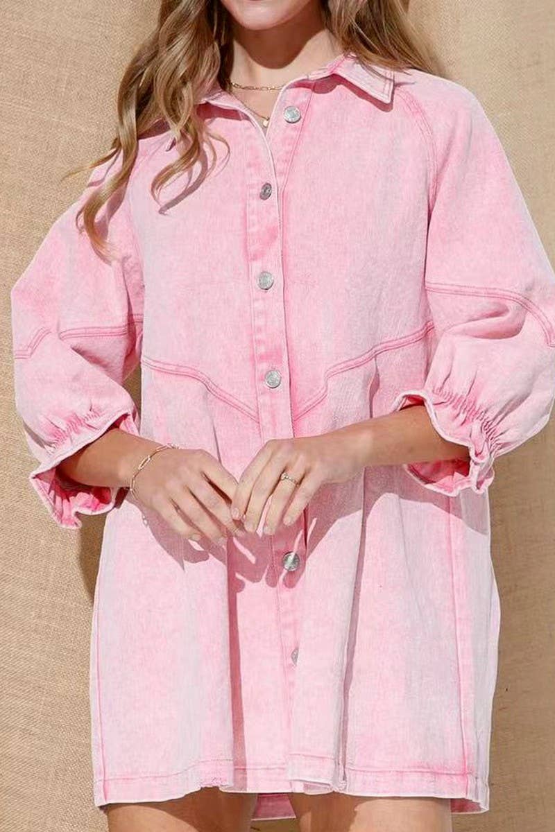 CWJT0026_CASUAL 3/4 SLEEVE BUTTON DOWN DENIM T-SHIRT DRESS