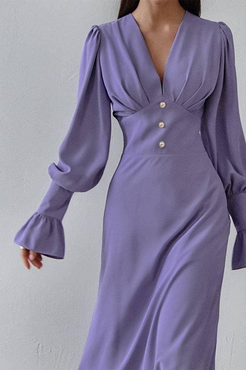 CWDMD4260_LANTERN SLEEVE V-NECK RETRO SLIM DRESS