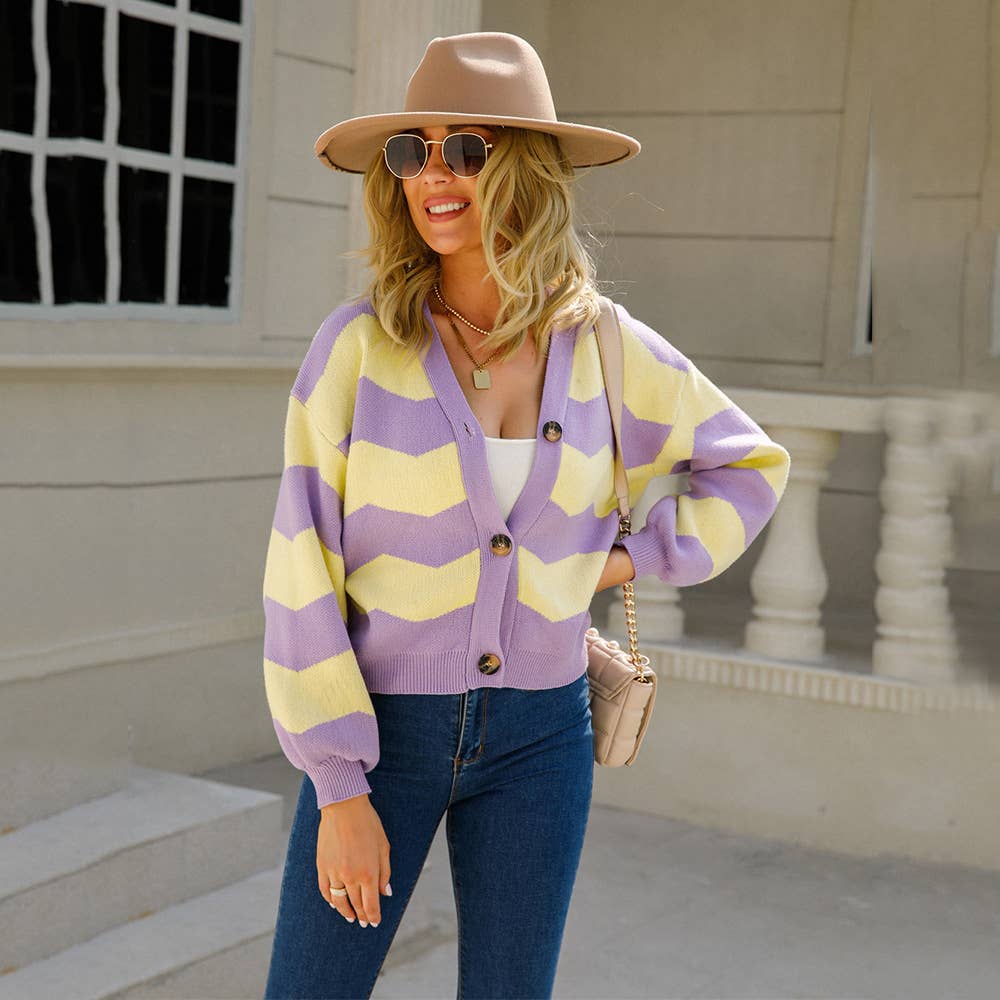 V-neck striped color matching knit cropped cardigan