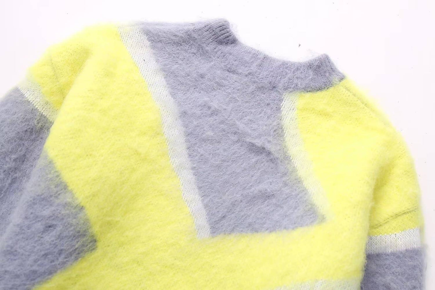 RUFFLED PATCHWORK CREW NECK PULLOVER SWEATER