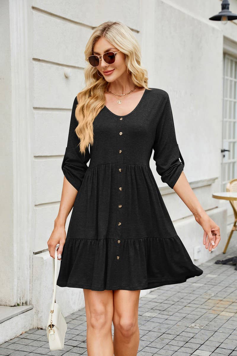 CWDSD7285_ROUND NECK BUTTON GATHERED ELBOW SLEEVE DRESS