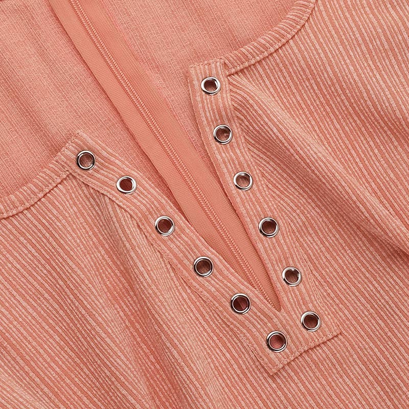 SLIM KNIT MACHINE EYE V-NECK LONG SLEEVE DRESS