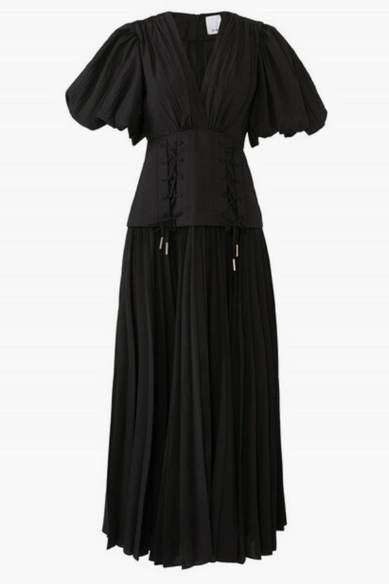 CWDMD5728_CASUAL SOLID COLOR V-NECK LACE-UP DRESS