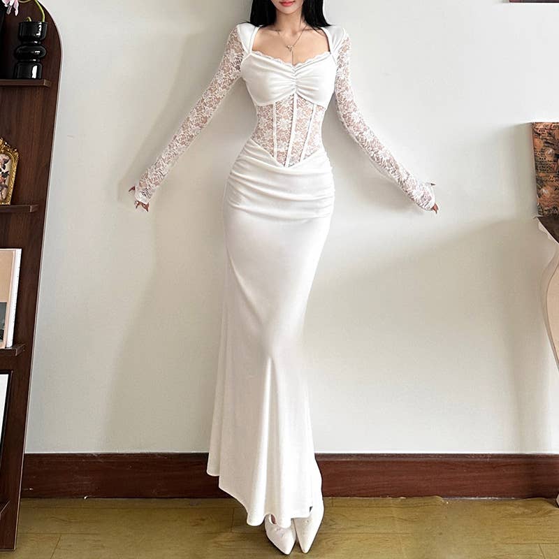 LACE PATCHWORK DESIGN HOLLOW SLIM DRESS