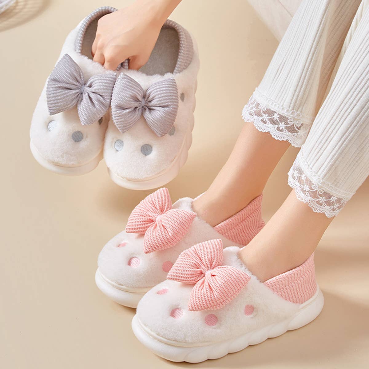 BOW DECOR MINIMALIST FLUFFY BEDROOM SLIPPERS_CWSHS0238