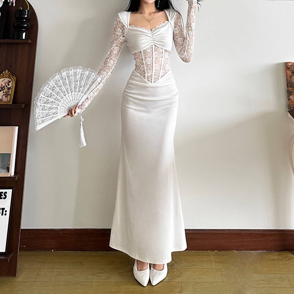 LACE PATCHWORK DESIGN HOLLOW SLIM DRESS