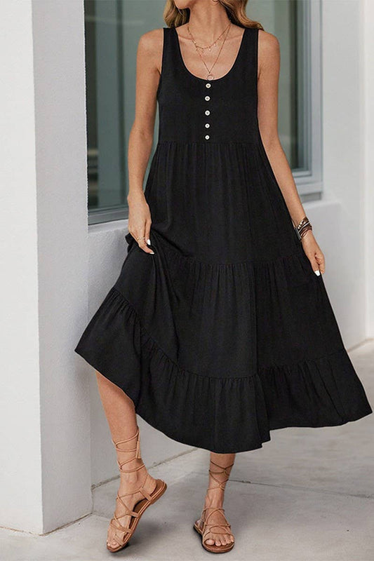 CWDMD4955_SUMMER BUTTON POCKET SLEEVELESS MIDI DRESS