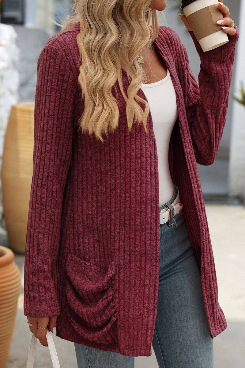 CWOCAL1308_SOLID COLOR RIBBED POCKET LONG SLEEVE CARDIGAN