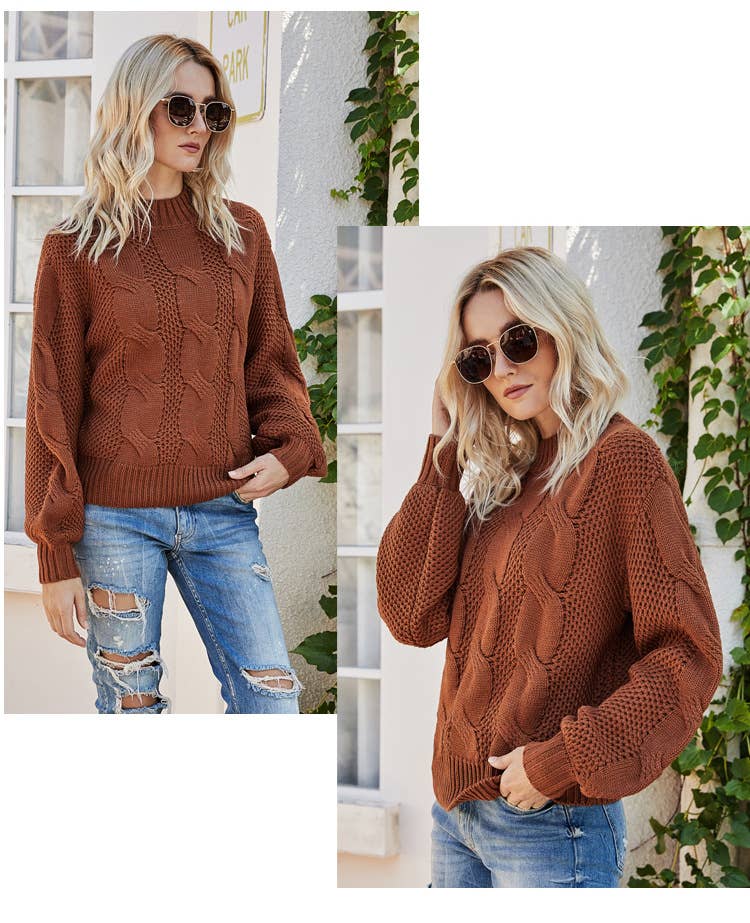 Solid color twisted floral half turtleneck sweater