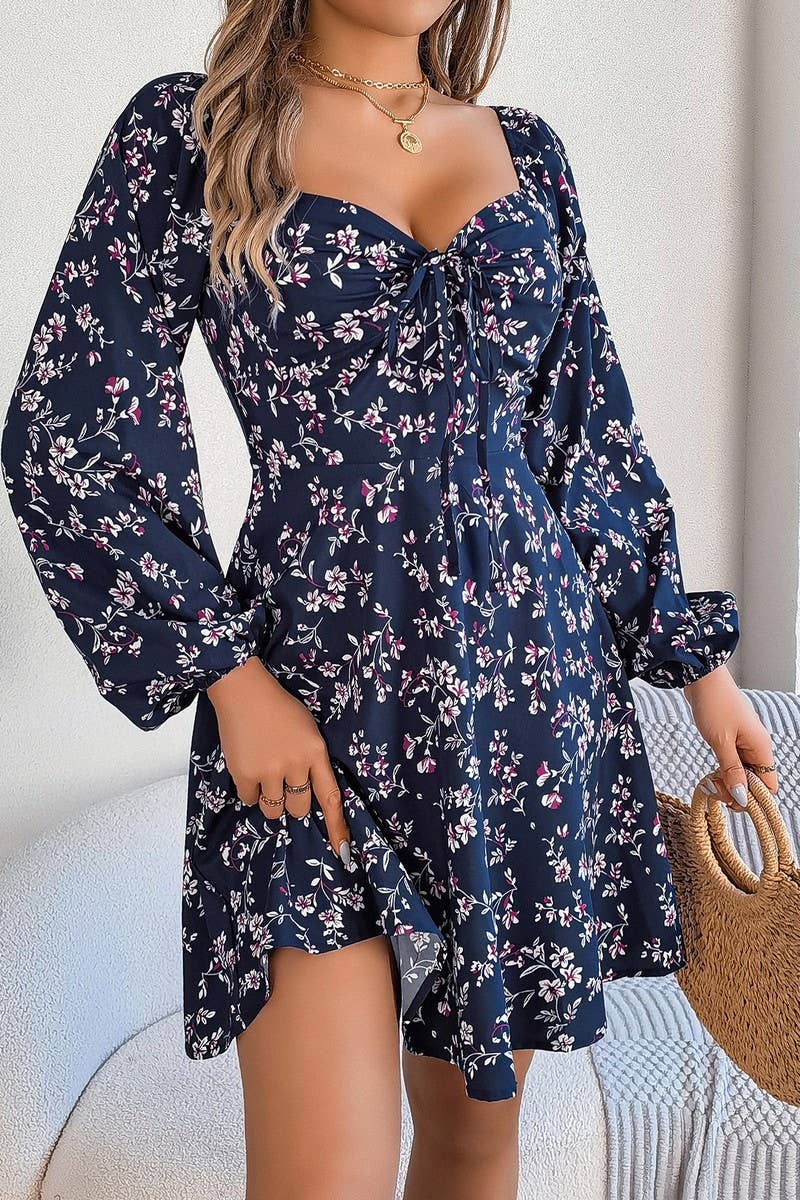 CWDSD5763_TIE UP SQUARE NECK FLORAL LONG SLEEVE DRESS