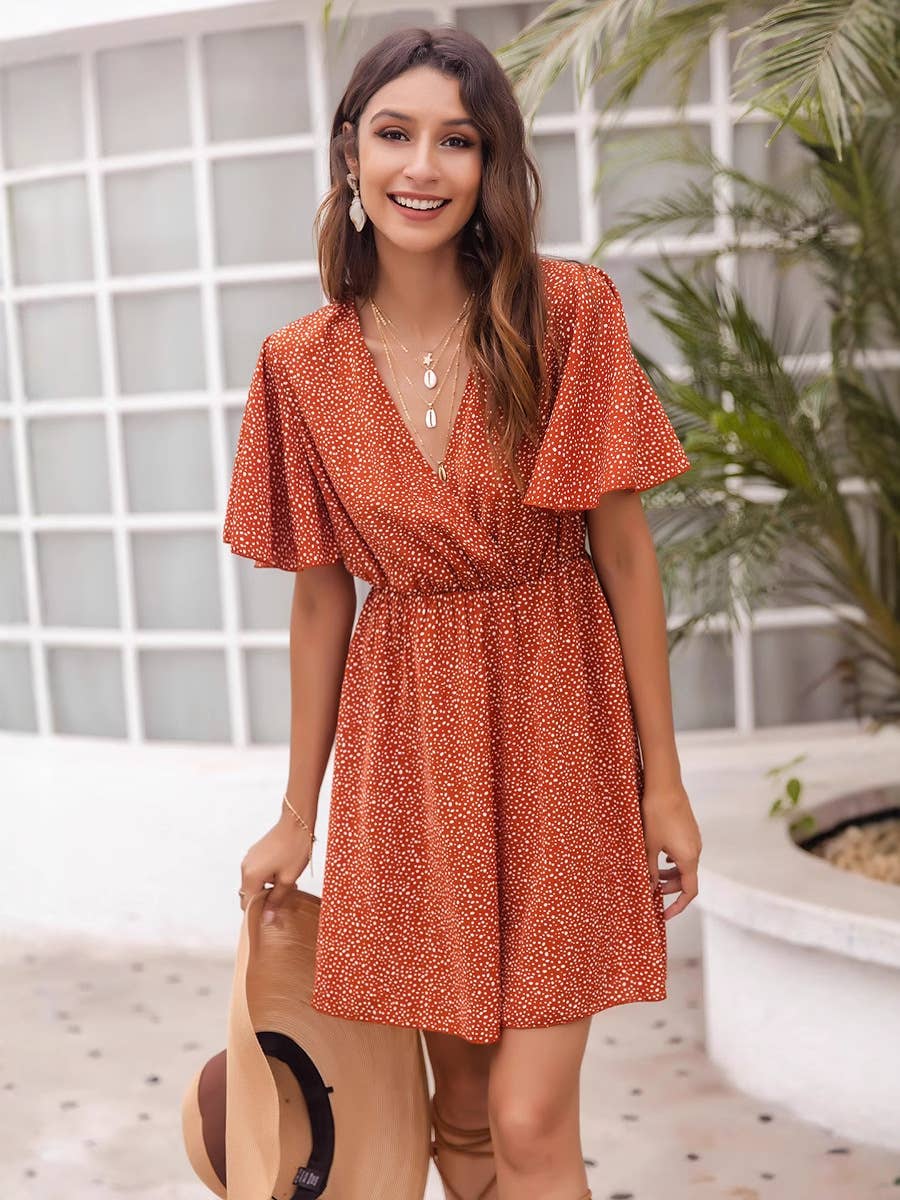 printed high-waisted loose V-neck short dress