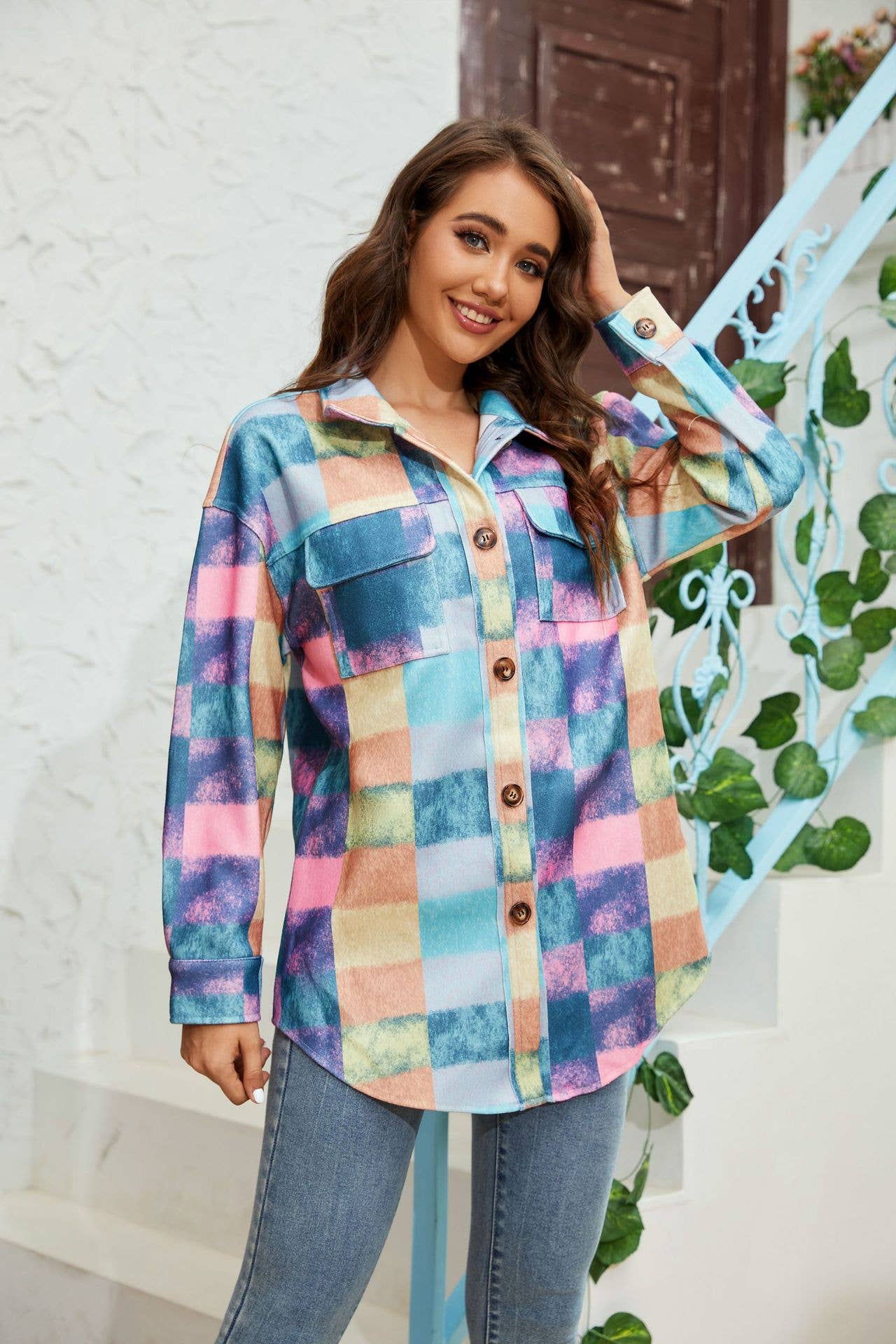 Tweed color-blocked fashionable shirt jacket