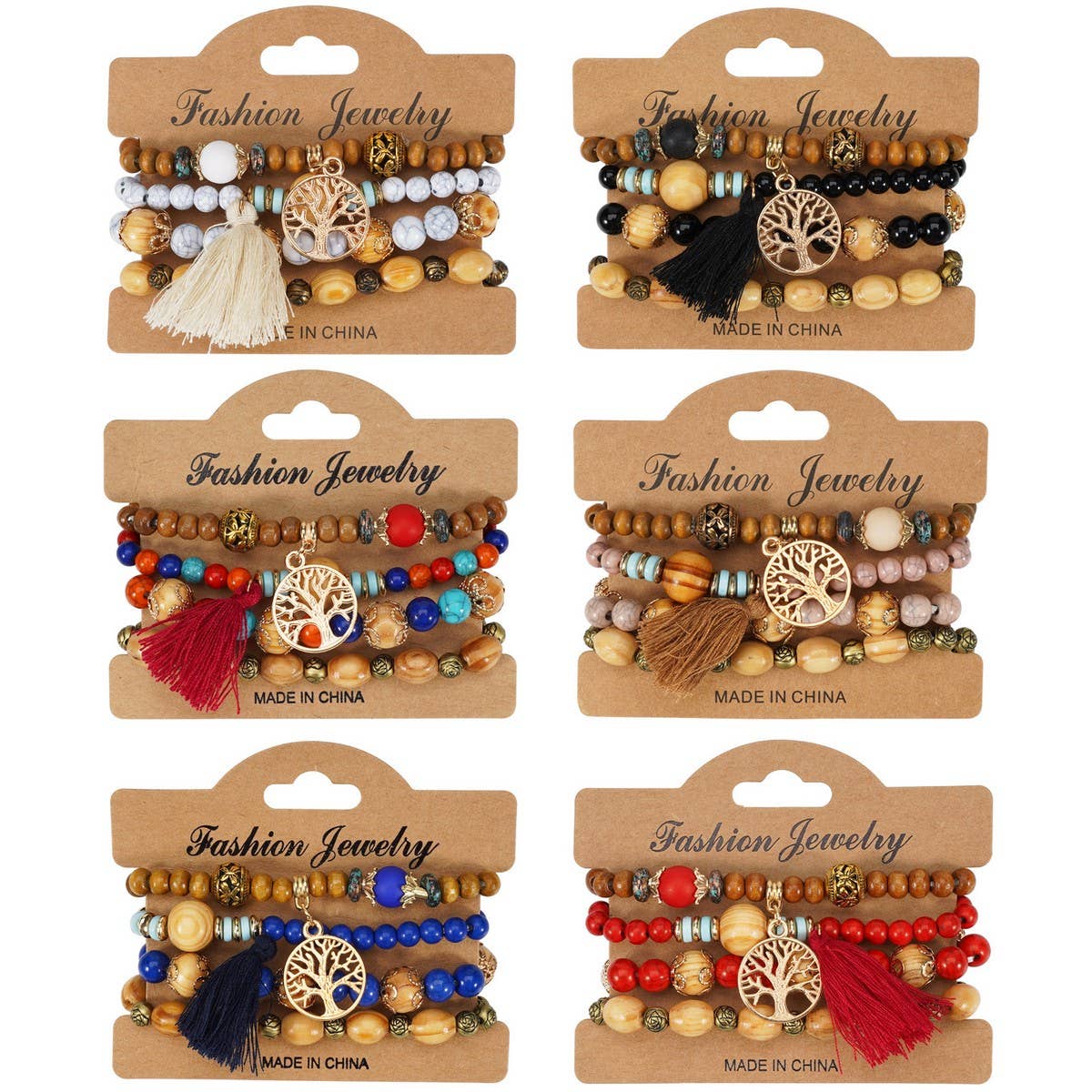 CWMM10462_WOOD BEAD ROSE ALLOY HANDMADE BRACELET SET