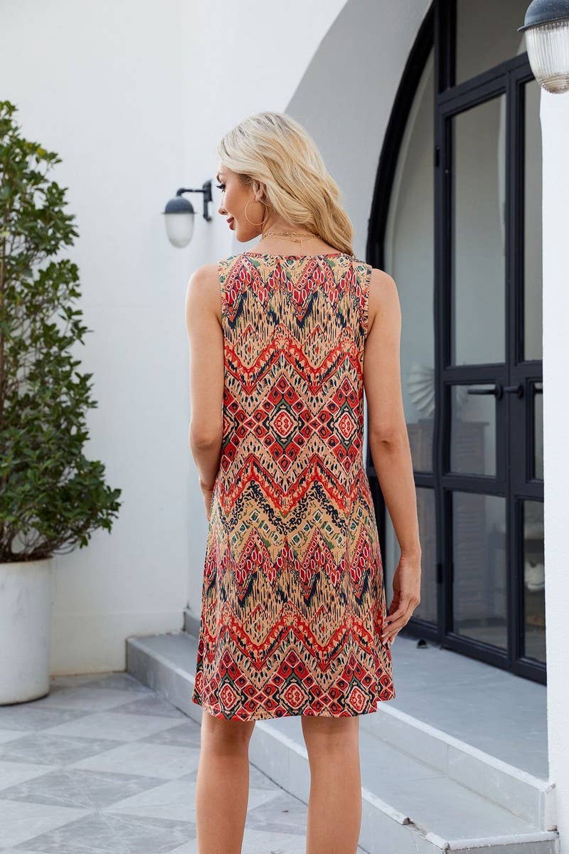 CWDSD7289_PRINTED SUSPENDERS LOOSE CASUAL SLEEVELESS DRESS