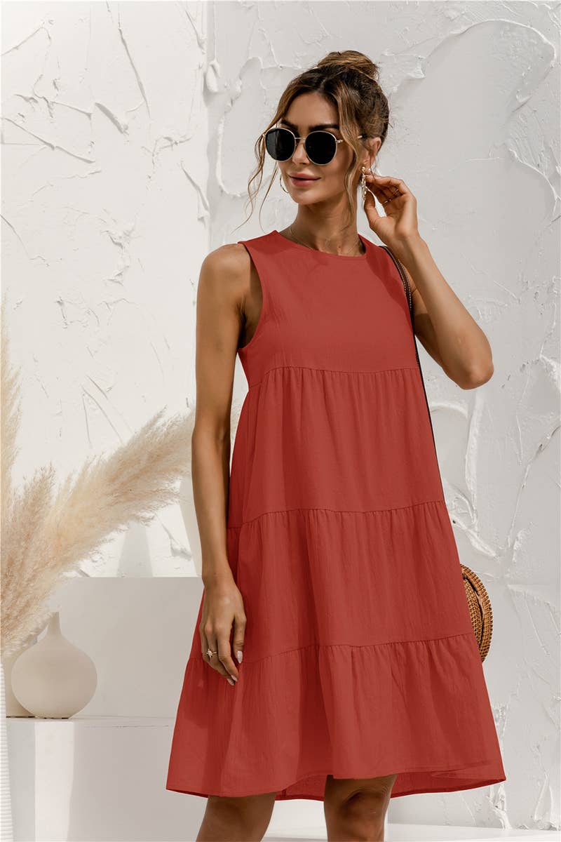 CWDTD0408_ROUND NECK SLEEVELESS PATCHWORK LOOSE SWING DRESS