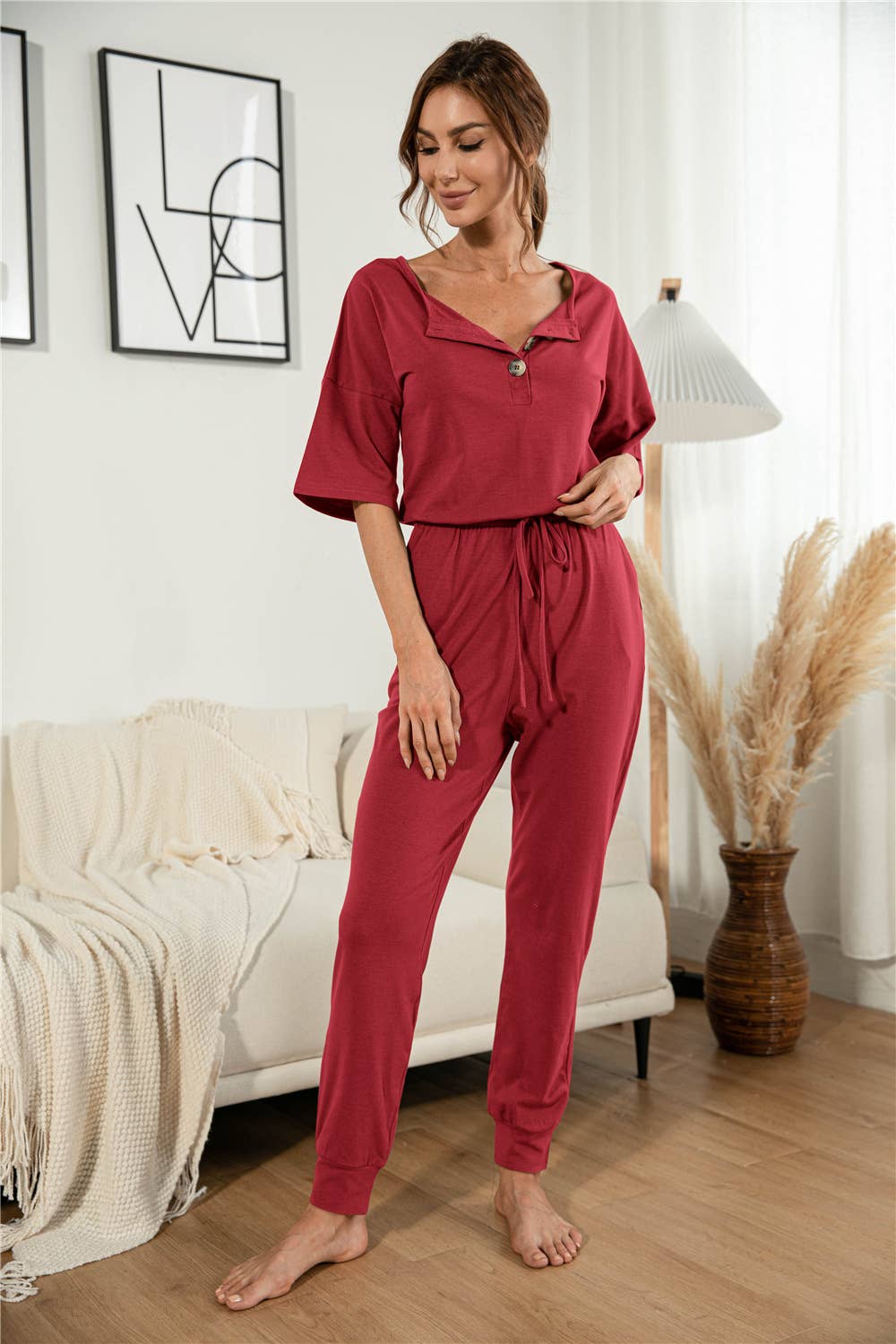Sexy V-neck short-sleeved button-down jumpsuit