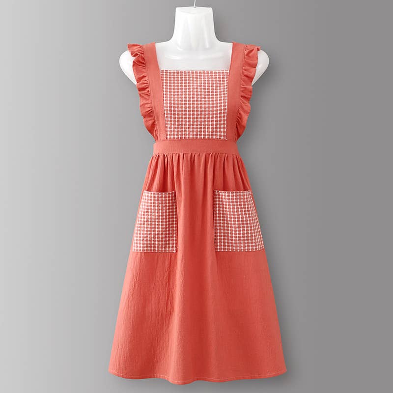 Cotton Striped Grid Kitchen Apron with Pocket