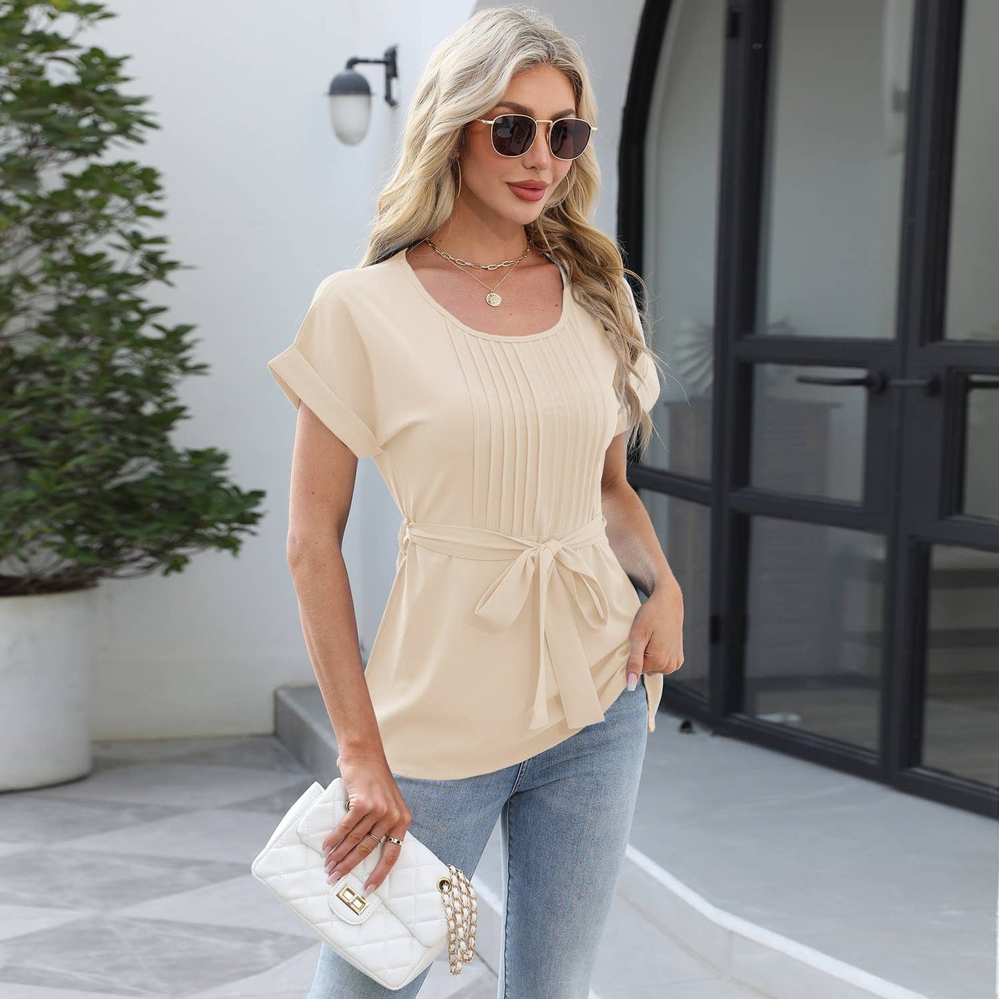 Ruffled round neck short sleeved casual shirt