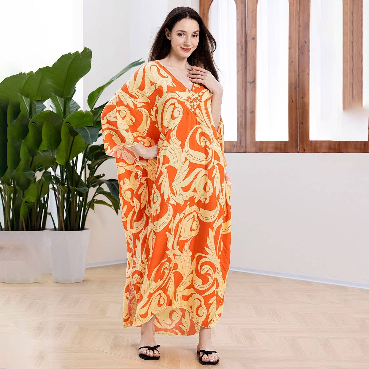 Leaf Print Loose Beach Cover-Up for Vacation