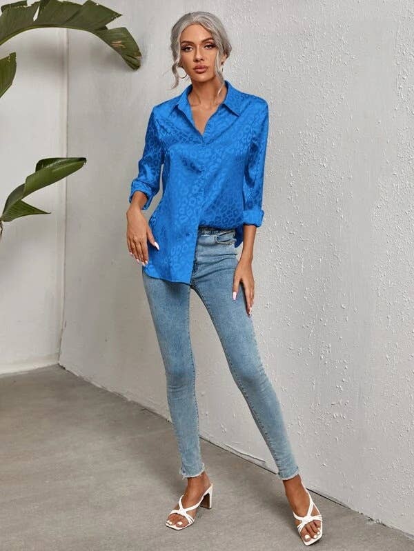 Lapel open button leopard print jacquard shirt