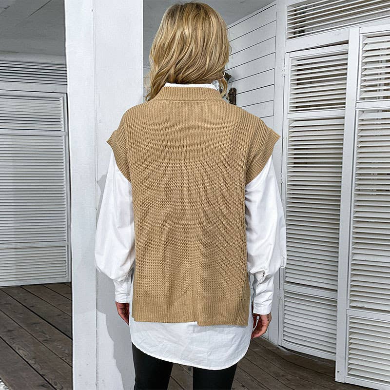 Solid color round neck twist knit pullover vest