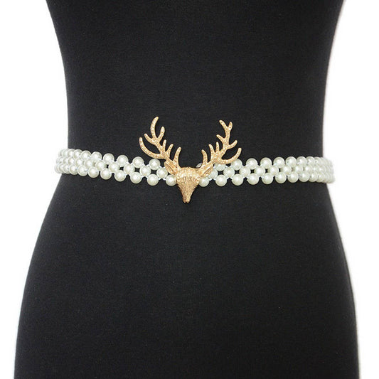 ELEGANT DEER HEAD BUCKLE PEARL WAIST CHAIN_CWABE0506