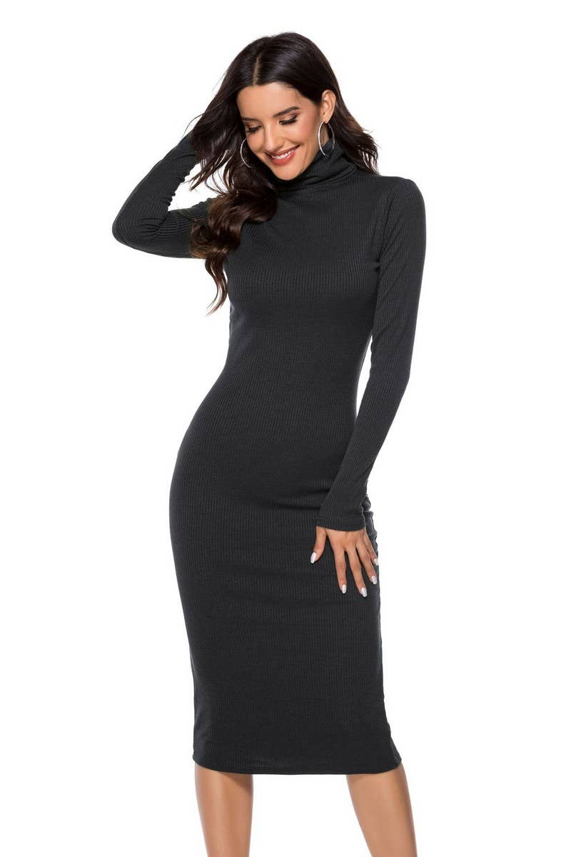 CWDMD3953_SOLID COLOR HIGH COLLAR KNITTED BOTTOMING DRESS