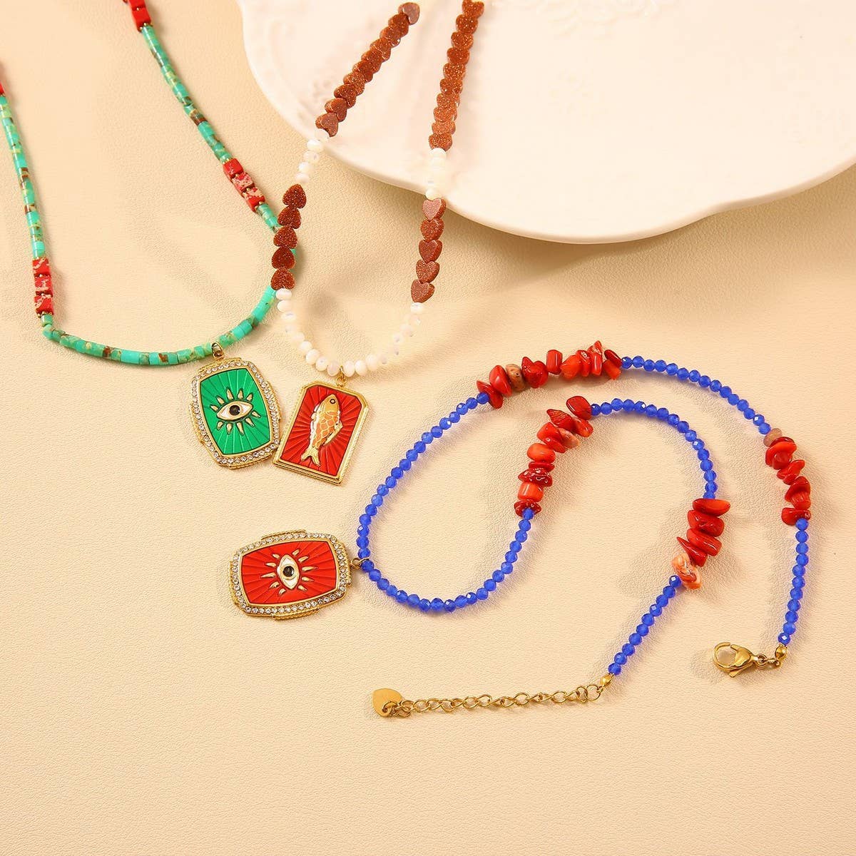 Evil Eye Natural Stone Beaded Handmade Necklace_CWMM8871