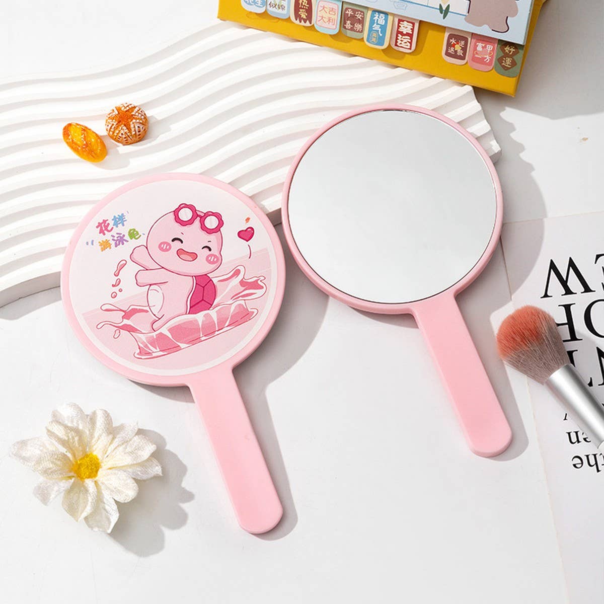 CWMM6947_CARTOON CUTE HANDHELD ROUND HANDLE MAKEUP MIRROR