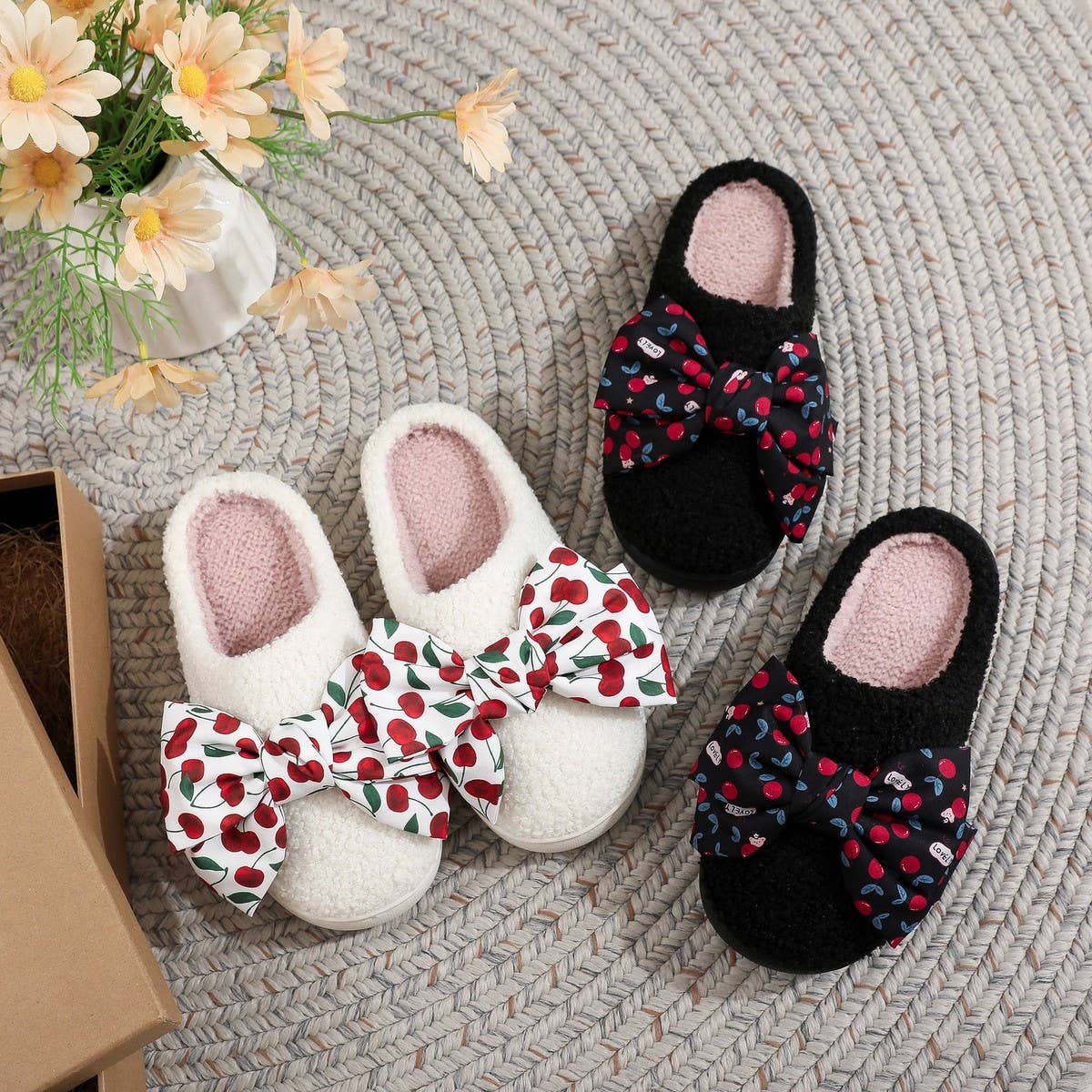 Cute Cherry Bow Slippers Thick Warm Indoor Shoes_CWSHF00212