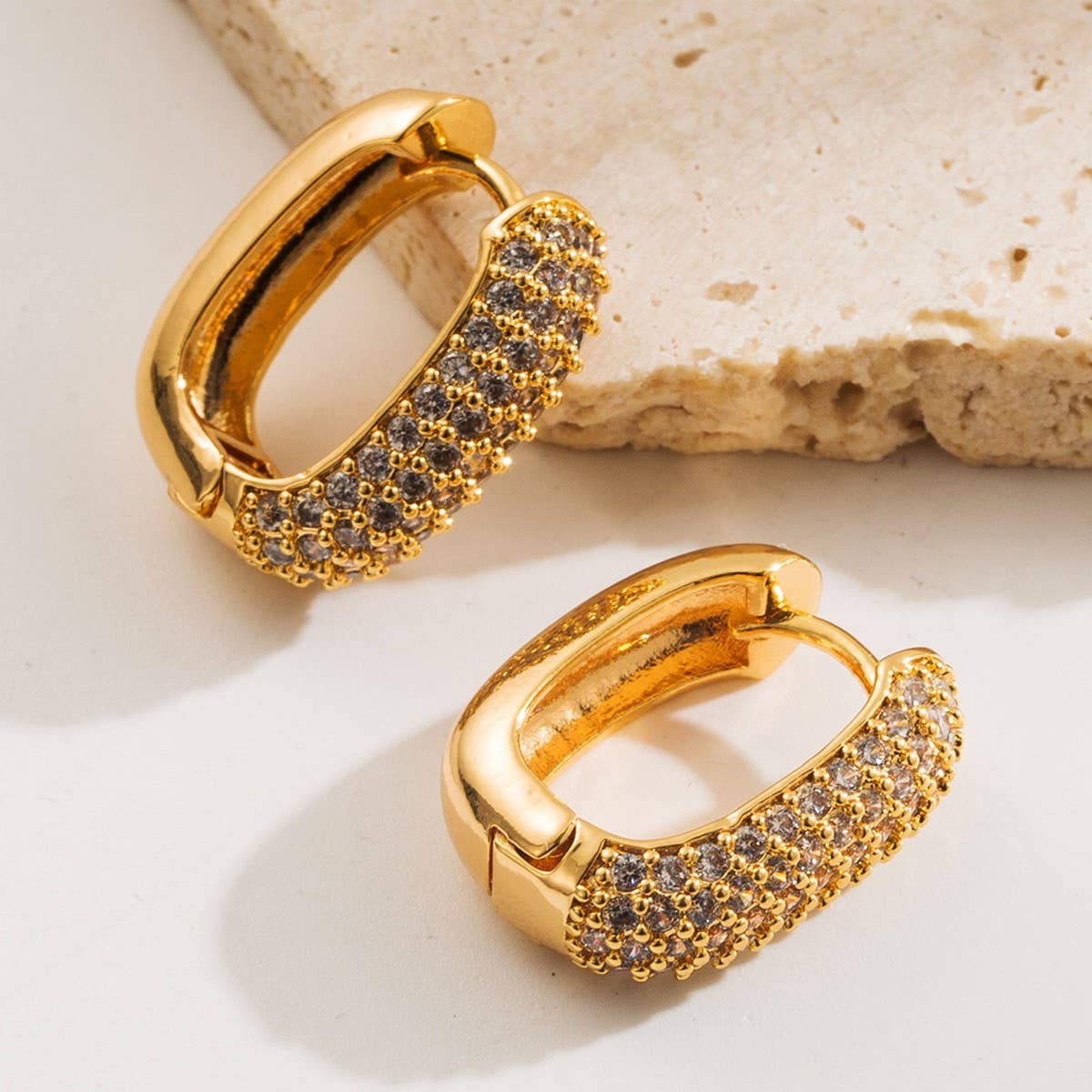 Heart Geometric CZ Stud Earrings Gold-Plated Brass