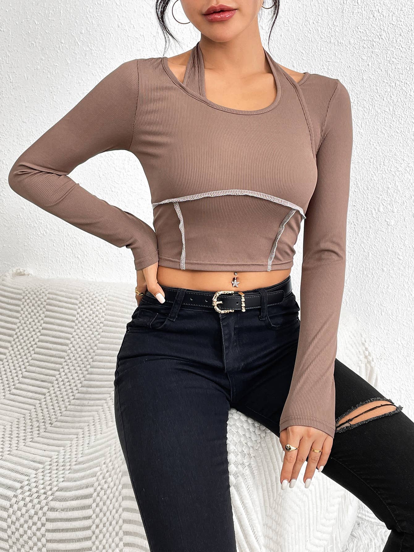SLIM KNIT LONG-SLEEVED HALTER T-SHIRT