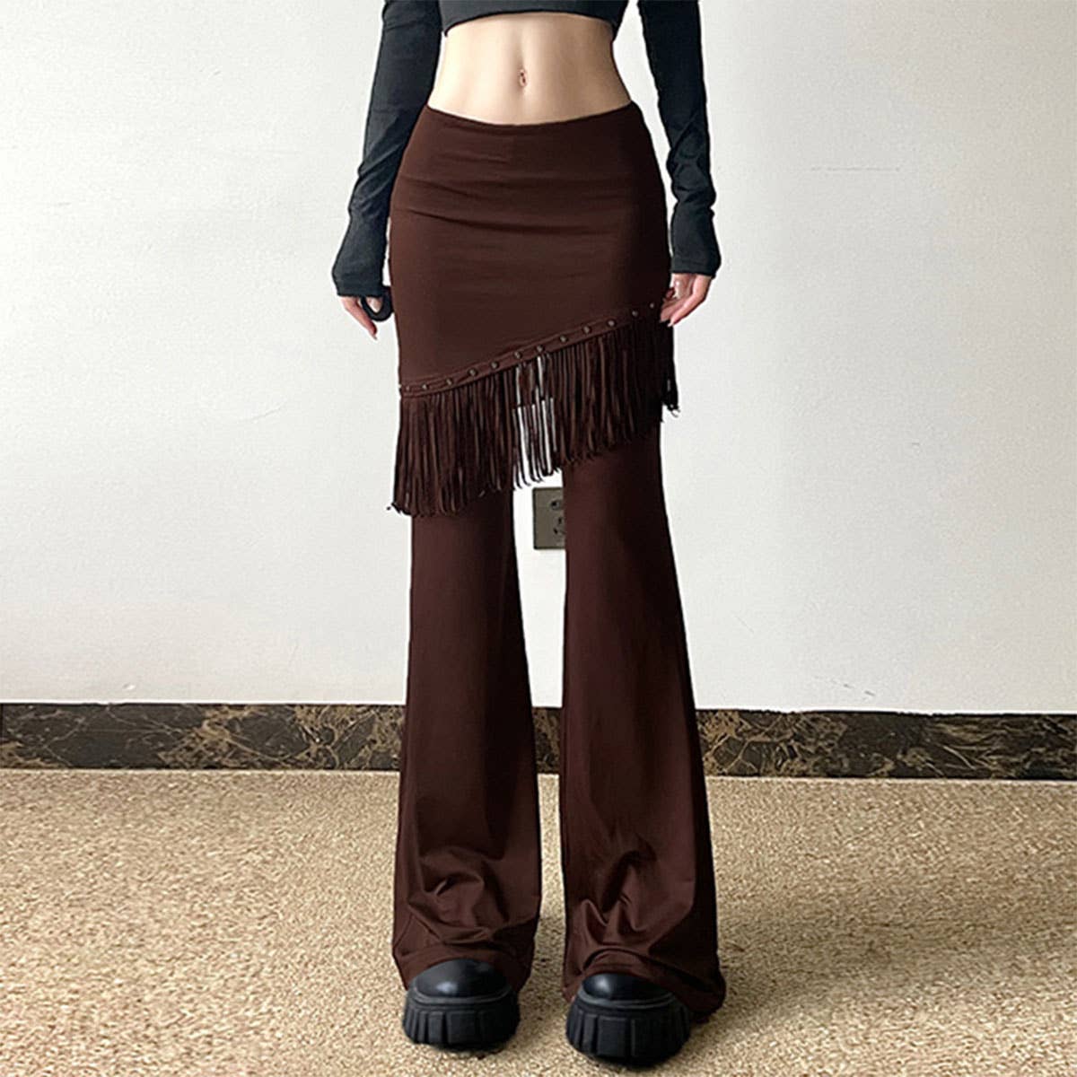 SOLID COLOR CASUAL BELL BOTTOMS WITH FRINGE DROP