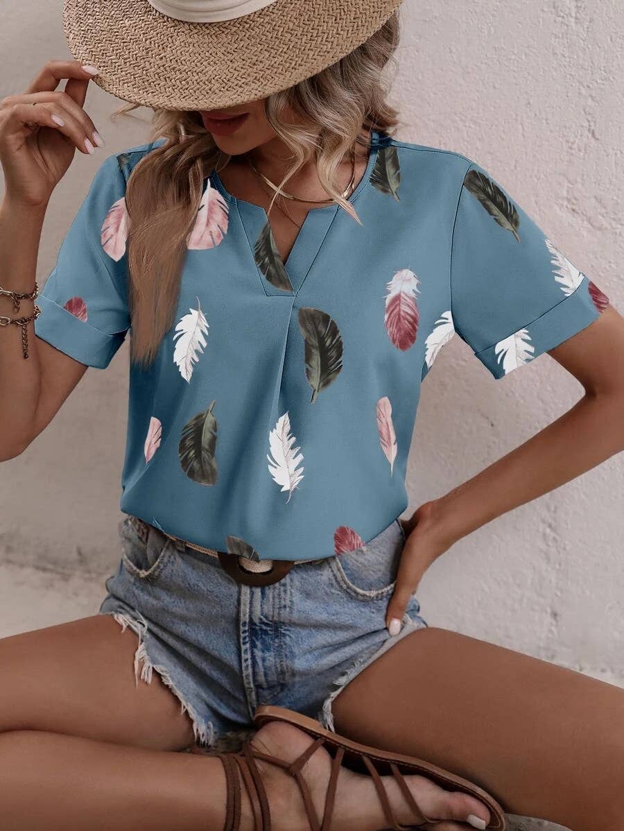 V-NECK FEATHER PRINT SHORT-SLEEVED LOOSE T-SHIRT