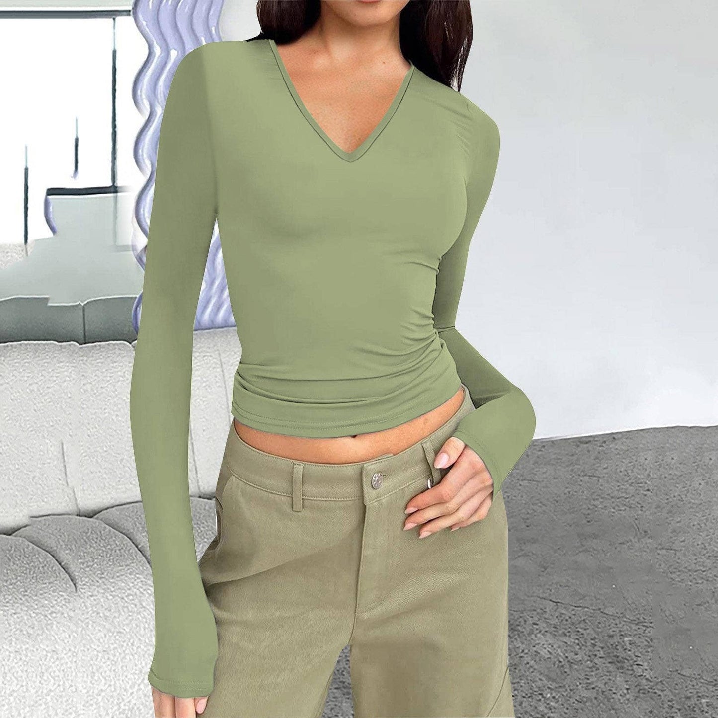 V-NECK LONG SLEEVE SLIM-FIT ALL-IN-ONE T-SHIRT