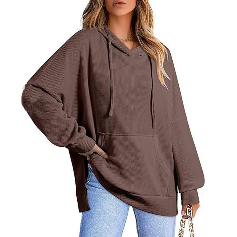 WOMEN'S LONG-SLEEVED WAFFLE POCKET HOODED JUMPER