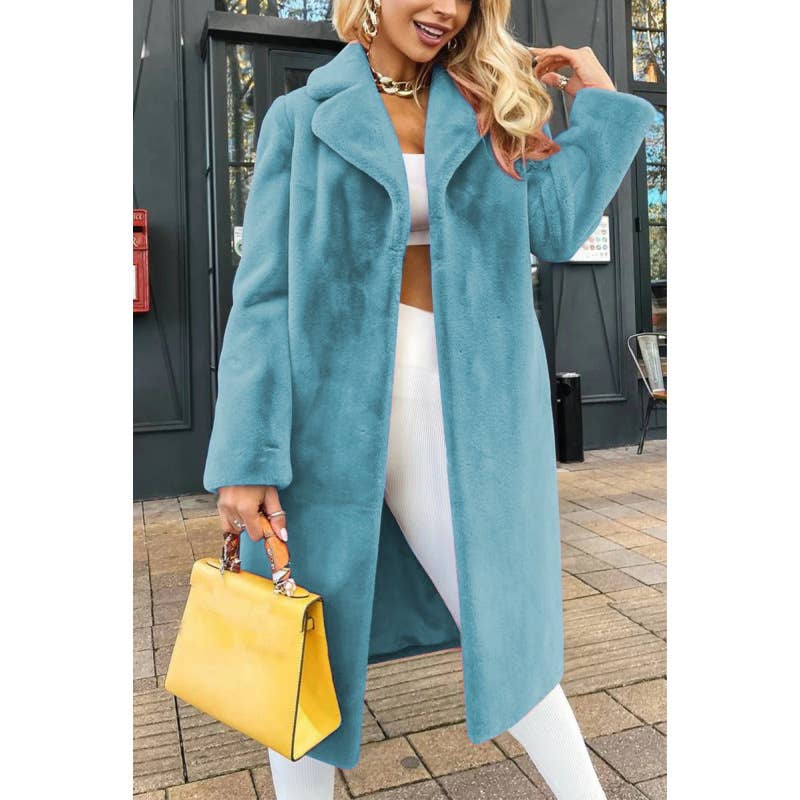 STYLISH AND ELEGANT LACE-UP LAPEL PLUSH LONG COAT