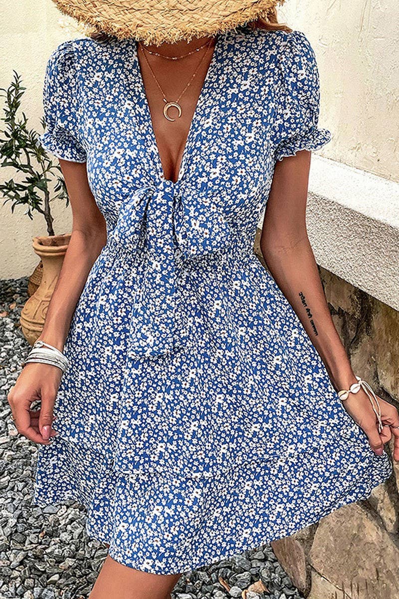 CWDSD8355_TIE WAIST V-NECK SHORT SLEEVE FLORAL DRESS