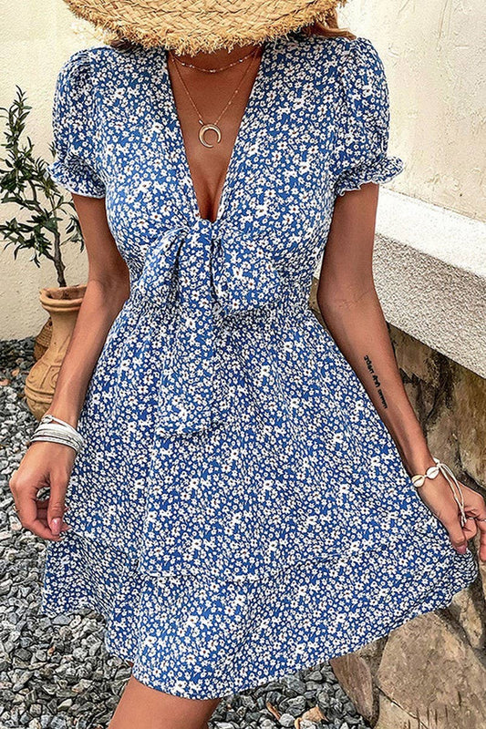 CWDSD8355_TIE WAIST V-NECK SHORT SLEEVE FLORAL DRESS