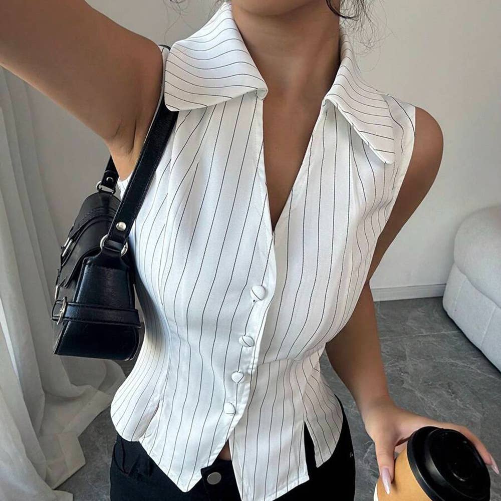 Sleeveless, form-fitting, navel exposed V shirt