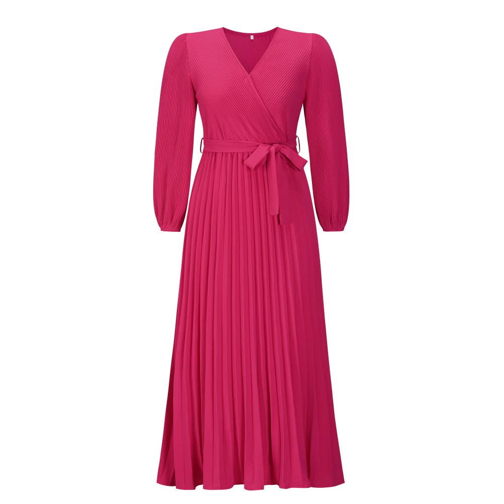 V-neck,long-sleeved,waist-cinching long dress