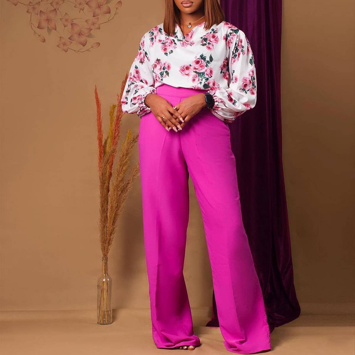 PRINTED TIE TOP AND WIDE-LEG PANTS TWO-PIECE SET_CWSTB1140