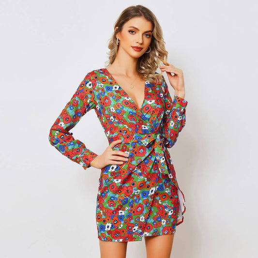 V-NECK LONG SLEEVE DRESS BOHO DRESS