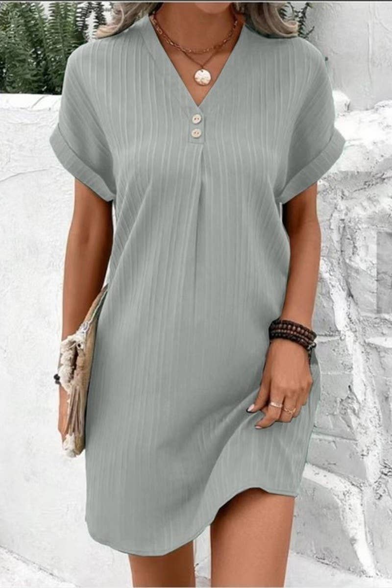CWDSD6539_V-NECK SOLID COLOR PULLOVER CASUAL BUTTON DRESS