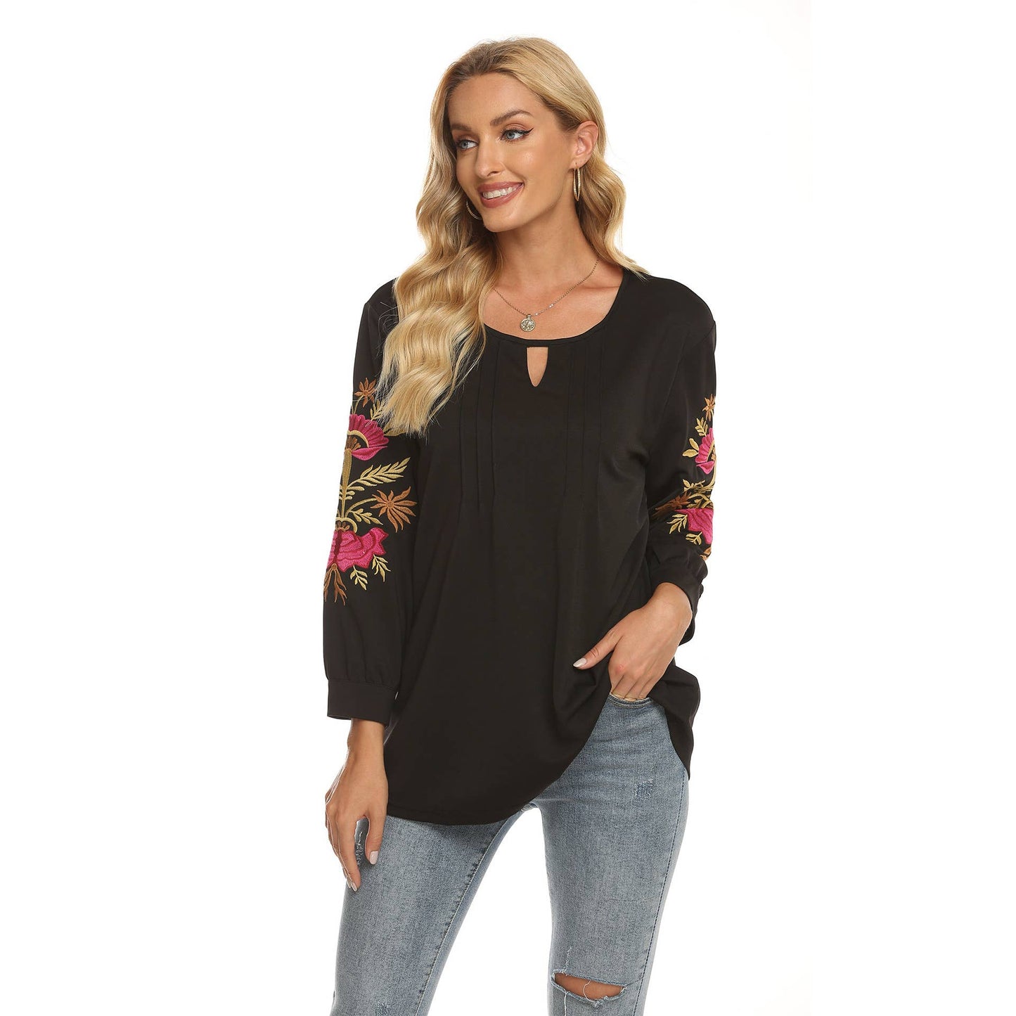 Three-dimensional flower-embroidered top