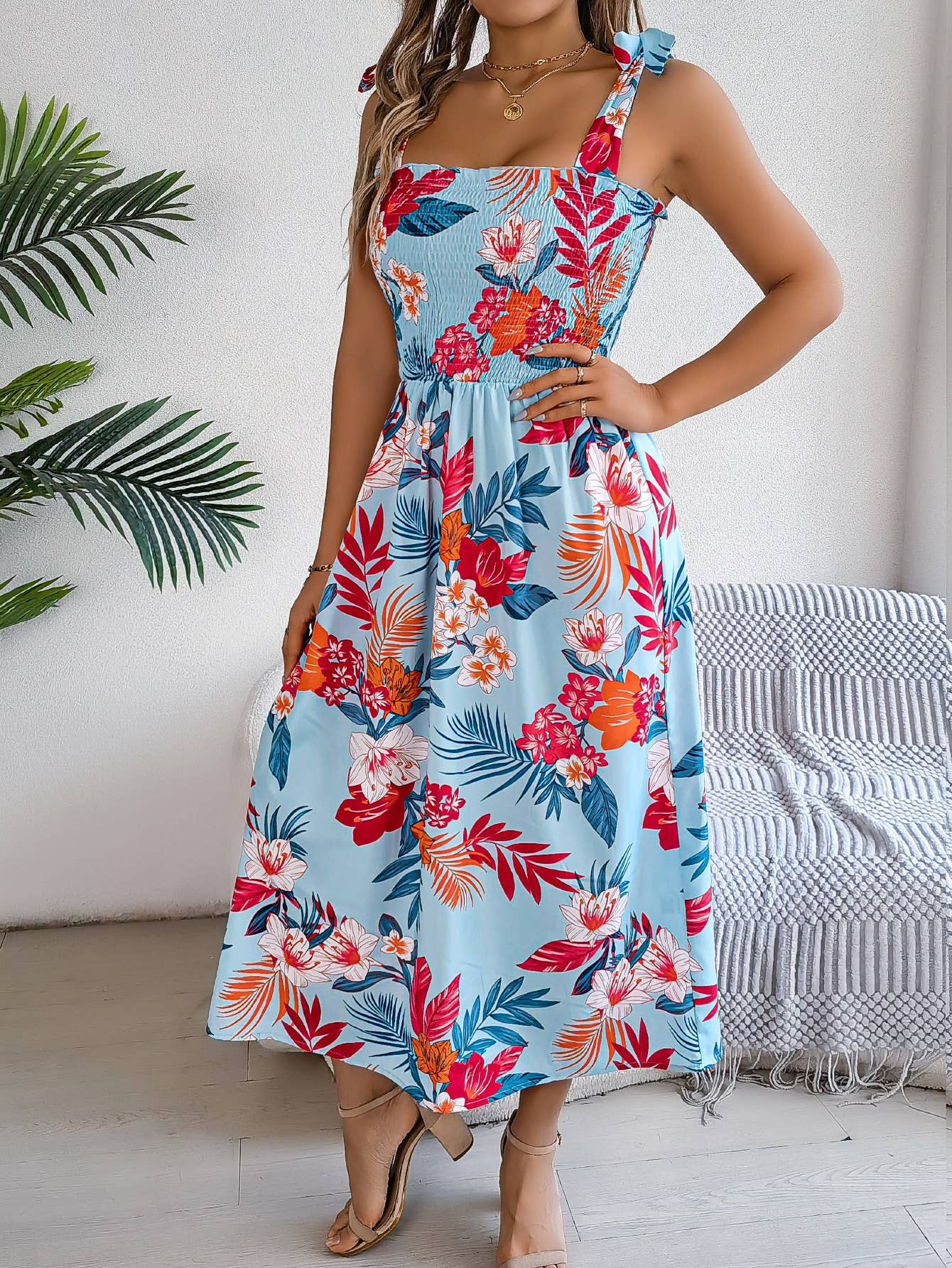 Printed lace-up halter dress Holiday beach dress