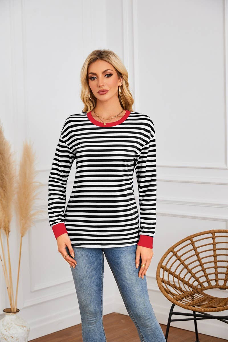 STRIPED CREW-NECK LONG-SLEEVED PULLOVER HOODIE
