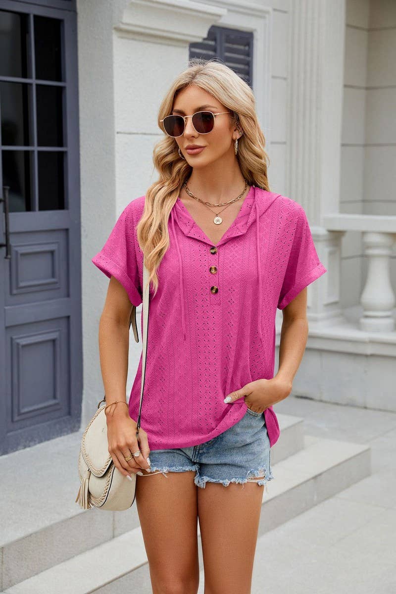 CWOHOS0015_Button Neck Short Sleeve Hoodi Knit Top