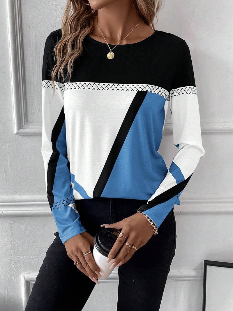 Round-neck color-blocking geometric print top