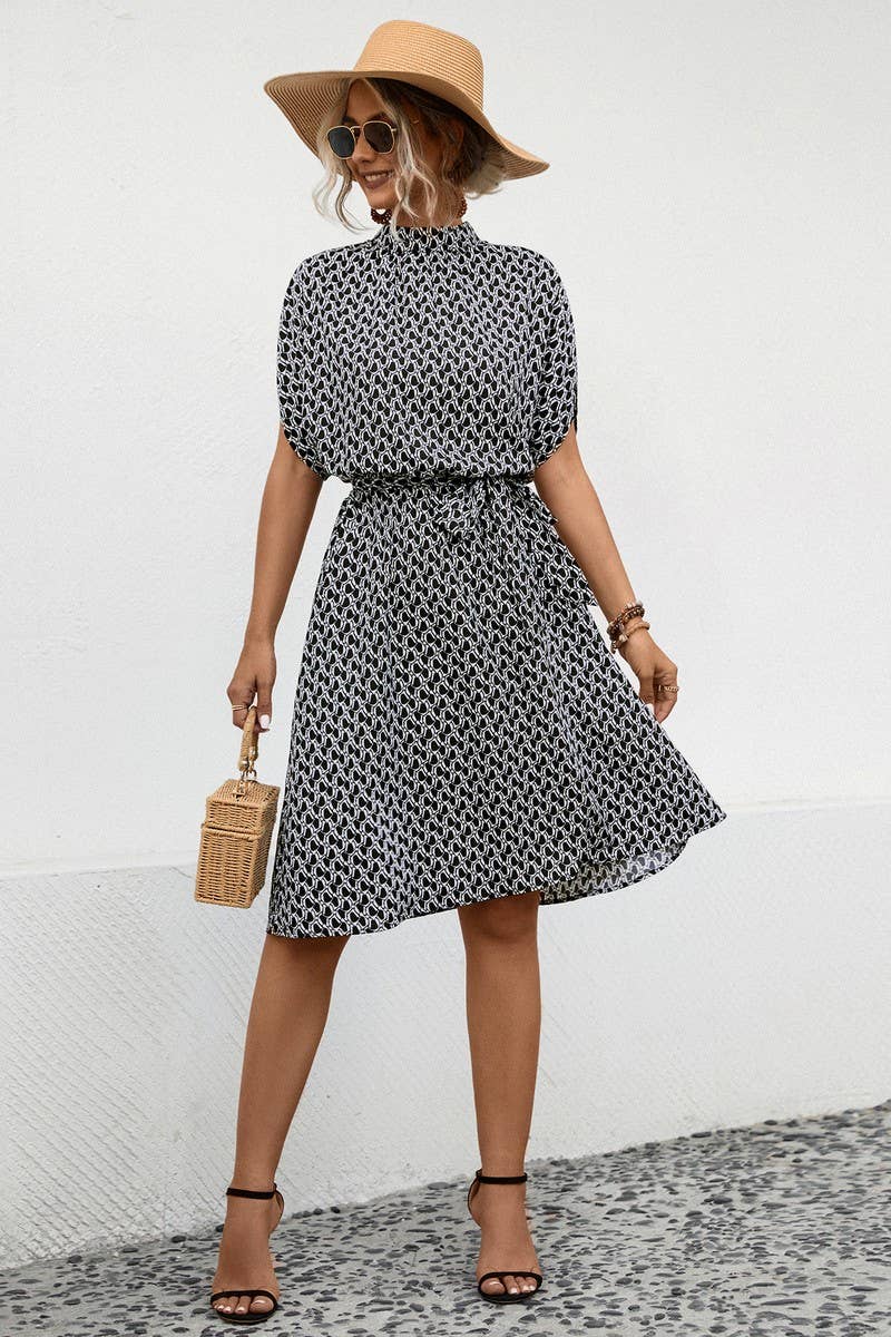 CWDSD4877_ROUND NECK PRINTED BATWING SLEEVE DRESS